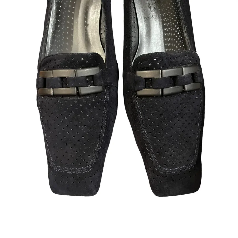 Stuart Weitzman Dark Navy and Black Suede Square Toe Pump 8.5